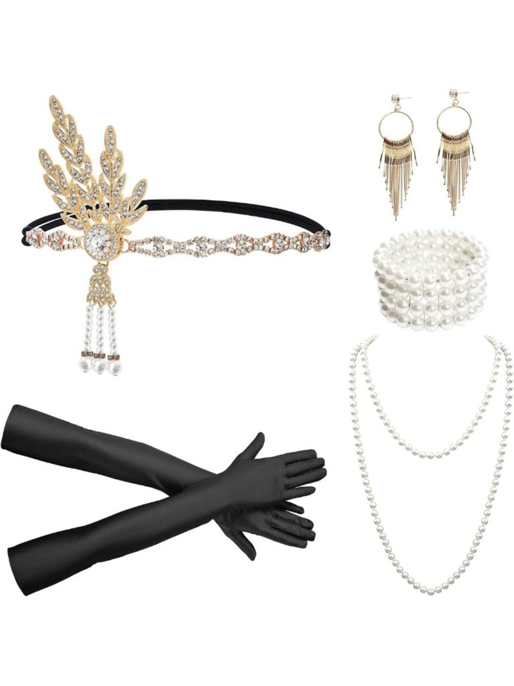 1920s Flapper Costume Set with Headband, Beaded Necklaces, Earrings & Gloves